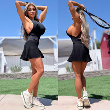 Connie's "SIDE CLEAVAGE Naughty 🎾 Tennis Pro" BLACK Mini Dress, Supportive Stretch Spandex Fit, Built in Shorts with Pocket