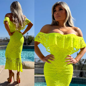 Connie's Made in USA!!! "NEON YELLOW MIAMI BEACH STRETCH FIT MAXI " STRETCH LACE & Stretch Fit Matching Lining, LIMITED ITEM!!!