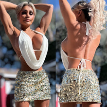 Connie's EXCLUSIVE "LOW RISE WAIST MODERN SEQUIN MINI SKIRT" GOLD Multi sized Sequin, Lined and Stretch Fit, Zip Closure
