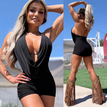Connie's "RICH BLACK CLUB ROMPER" Great with Boots or Heels, DEEP COWL PLUNGER, Built in Chest Support, Made in USA