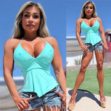 Connie's "MUST HAVE HALTER Top" AQUA OCEAN SILKY SHEEN Fabric Double support, for use without a Bra, Made in the USA
