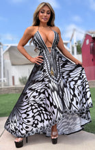 Connie's ***LIMITED*** "HIDDEN WHITE MONARCH 🦋 and HIBISCUS 🌺" SILKY RHINESTONE 💎 ACCENT RAYON High Low Maxi, Eye Hook Opening Back and Chest, Cinchable tie front