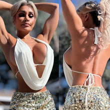 Connie's "Seductive VIXEN Plunge Halter Top" WHITE with Built in Triangle Top Support .. Made in the USA