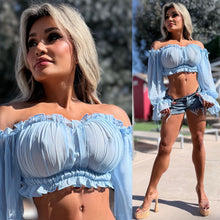 Connie's EXCLUSIVE!!! "Semi Sheer BLUE LONG SLEEVE Crop Top" Soft Semi See thru with Elastic chest to fit a wide range of sizes, Not For the Shy
