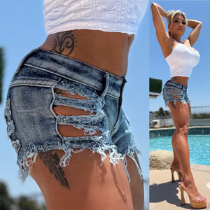 Connie's  "DESTROYED LOW RISE BOOTY FLASH Jean Shorts"  5 Pocket Zip front Top Button Perfection 🩷🩷🩷