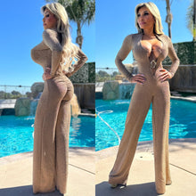 Connie's LIMITED EXCLUSIVE "Champagne Siren GOLD Sparkle Jumpsuit" full-stretch fabric, long hem easily tailored to your desired length