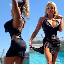 Connie's **LIMITED** "SHINY BLACK 🖤🖤🖤 MINI" with Silver Ring accents, adjustable Tie Halter, STRETCH fabric, Made in the USA