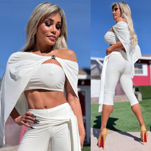 Connie's RICH THREE Piece Set "WHITE SHEEN Poncho, Tube Top and SASH CAPRI Pants" Signature Double Fabric Construction, Made in USA