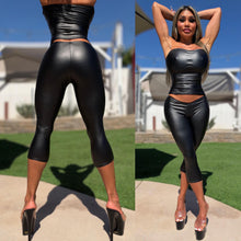 Connie's EXCLUSIVE!!! "FATAL ATTRACTION" FULL STRETCH SET, LOW RISE V FRONT CAPRI PANTS AND TOP, BLACK Rubberized fabric