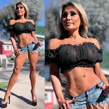Connie's EXCLUSIVE!!! "Semi Sheer BLACK Crop Top" Soft Semi See thru with Elastic chest and arm to fit a wide range of sizes, Not For the Shy