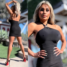 Connie's "SHORT SHORT RICH GOLD ACCENT RUCHED HALTER MINI" BLACK Double Fabric Construction and SUPPORT for use without a Bra, Made in the USA