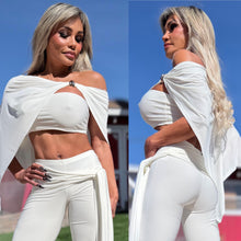 Connie's RICH THREE Piece Set "WHITE SHEEN Poncho, Tube Top and SASH CAPRI Pants" Signature Double Fabric Construction, Made in USA