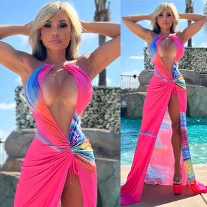 Connie's "SCANDALOUS VACATION VIXEN Maxi" With Mini Train, PINK OCEAN Tie DYE Super Stretch Fabric