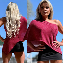 Connie's EXCLUSIVE "SPARKLE RED WESTERN 🤠 Poncho Top" One Shoulder Asymmetrical Sparkle Knit cape top, Made in USA!!!