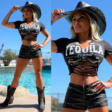 Connie's EXCLUSIVE TWO PIECE SET "TEQUILA SUNRISE 🤠 SET" Stretch BLACK X SUEDE STUDDED Booty Flash Shorts and BLACK Top