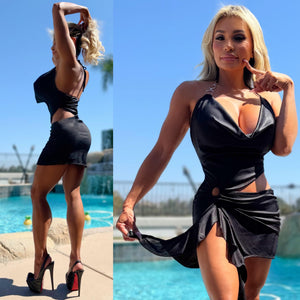 Connie's **LIMITED** "SHINY BLACK 🖤🖤🖤 MINI" with Silver Ring accents, adjustable Tie Halter, STRETCH fabric, Made in the USA