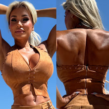 Connie's HALTER TOP ONLY "RICH URBAN COWGIRL 🤠 TAN X SUEDE Top"  STUNNING STRETCH HALTER TOP