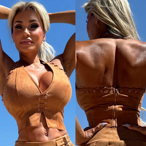 Connie's HALTER TOP ONLY "RICH URBAN COWGIRL 🤠 TAN X SUEDE Top"  STUNNING STRETCH HALTER TOP
