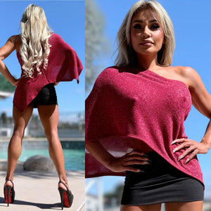 Connie's EXCLUSIVE "SPARKLE RED WESTERN 🤠 Poncho Top" One Shoulder Asymmetrical Sparkle Knit cape top, Made in USA!!!