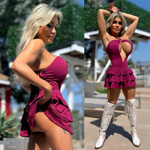 Connie's EXCLUSIVE & LIMITED "Irresistible ❤️ DEEP RED Mini" PEEP CHEST, Adjustable Halter, Ruffle Mini, Made in The USA