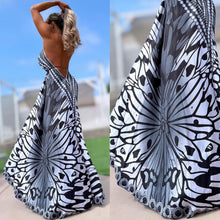 Connie's ***LIMITED*** "HIDDEN WHITE MONARCH 🦋 and HIBISCUS 🌺" SILKY RHINESTONE 💎 ACCENT RAYON High Low Maxi, Eye Hook Opening Back and Chest, Cinchable tie front
