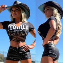 Connie's EXCLUSIVE TWO PIECE SET "TEQUILA SUNRISE 🤠 SET" Stretch BLACK X SUEDE STUDDED Booty Flash Shorts and BLACK Top