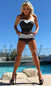 Connie's "POLKA DOT & WHITE LACE 🍸 2 Pc SET" BLACK with White Lace ACCENT Top, Matching TINY MINI SKIRT WITH BUILT IN BOOTY SHORTS, Made in USA