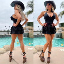 Connie's "BLACK SPAGHETTI STRAP Mini" CRISS CROSS BACK, Deep Plunge 2 Layer Ruffle, Made in The USA