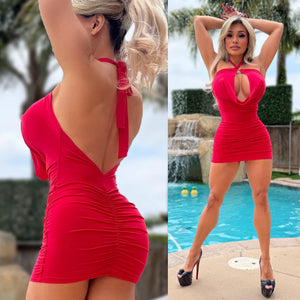 Connie's "SHORTY SHORT 😈 RED 🍸 Mini" Adjustable Length Halter, SHORT RUCHED ASS, Double Fabric Support ... Made in the USA