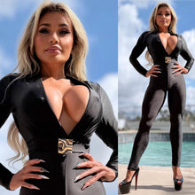 Connie's "RICH BLACK MERCURY VIP 🥂 Jumpsuit" DEEP PLUNGE, FULL Stretch Fit, No Zippers with a Gold Metal Accent