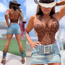 Connie's  "RICH LEOPARD STUDDED CORSET HALTER TOP" Flex Boning Waist and Adjustable Halter Neck Tie, Zip Back