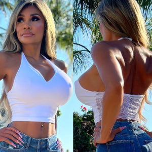 Connie's "PURE WHITE LACE BACK Ribbed HALTER Top" Unlined Super Stretch Fit...Made in The USA😍