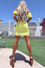 Connie's "SUNSHINE LIME YELLOW URBAN PRAIRIE GIRL MINI" OFF or ON Shoulder, Lace up Chest, STRETCH Eyelet Lace, Lined matching fabric