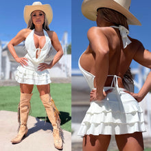 Connie's LIMITED!!! "All DRESSED UP! SULTRY SEXY WHITE COWGIRL" Lace trim Accent, Ruffle lower, Built in Booty Shorts, Made in USA
