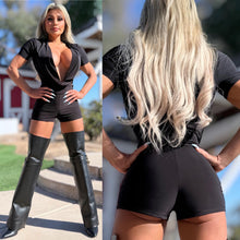 Connie's LIMITED "BLACK CLUB ROMPER 🍸" DEEP COWL PLUNGE with BOOTY PEEP, FULL stretch Fit No Zippers