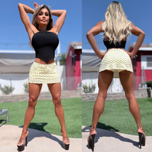 Connie's "TINY Yellow POLKA DOT Mini Skirt with Built in BOOTY shorts" TINY MINI SKIRT WITH BUILT IN BOOTY SHORTS, Made in USA