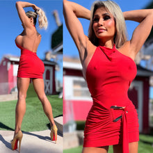 Connie's *EXCLUSIVE* "EXTRA SIDE CLEAVAGE RED SASH MINI" "EXTRA SHORT, Gold accent, Made in the USA