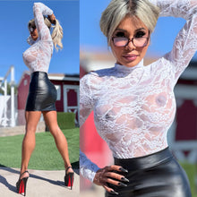 Connie's "ULTIMATE STRETCH SOFT SEMI SEE THRU Thong Bodysuit" WHITE FULL STRETCH FIT, with a button Snap Neck and Bottom Closure