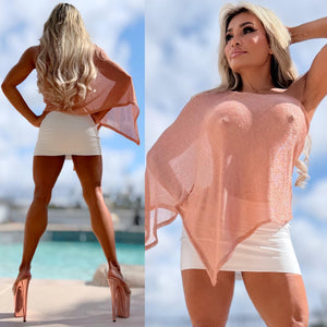 Connie's RICH & SOPHISTICATED🍸 "SEMI SHEER METALLIC ROSE GOLD Top🍸" One Shoulder Asymmetrical, Knit cape top, Made in USA!!!