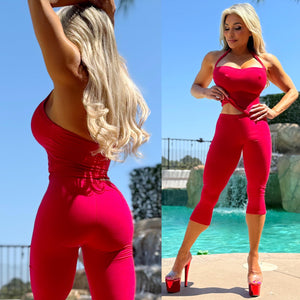 Connie's EXCLUSIVE "RETRO ❤️RED❤️ SET" CAPRI Leggings and RETRO HALTER TOP SET, Signature Double Fabric Construction, Made in USA