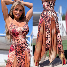 Connie's *LIMITED* "SEDUCTIVE THORN ROSE LEOPARD Maxi" Full Stretch Fit, Unlined Print Fabric and See Thru Thigh High Mesh Inlays
