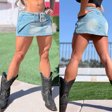 Connie's LIMITED STRETCH JEAN "11 inch MICRO MINI SKIRT" LIGHT WASH Faded STRETCH JEAN Fabric, Front Belt and Zip closure