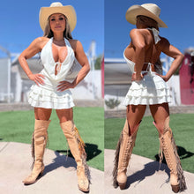 Connie's LIMITED!!! "All DRESSED UP! SULTRY SEXY WHITE COWGIRL" Lace trim Accent, Ruffle lower, Built in Booty Shorts, Made in USA