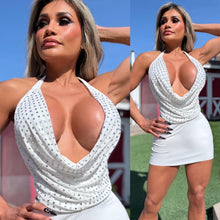 Connie's LIMITED "PURE WHITE 💎 MESH RHINESTONE TOP " DEEP Plunge Halter Top, Sparkly Rhinestones 💎, Adjustable Neck and Back Tie