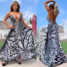 Connie's ***LIMITED*** "HIDDEN WHITE MONARCH 🦋 and HIBISCUS 🌺" SILKY RHINESTONE 💎 ACCENT RAYON High Low Maxi, Eye Hook Opening Back and Chest, Cinchable tie front