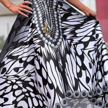 Connie's ***LIMITED*** "HIDDEN WHITE MONARCH 🦋 and HIBISCUS 🌺" SILKY RHINESTONE 💎 ACCENT RAYON High Low Maxi, Eye Hook Opening Back and Chest, Cinchable tie front