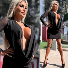 Connie's LIMITED "BLACK MESH 🥂🍾 RICH & DARING MINI" GIANT COWL Plunge, Double Fabric LINED, Not for the SHY