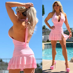 Connie's "PINK CREAM 🩷🩷🩷 HALTER MINI" OPEN HIP CUT, DEEP PLUNGE, Tight Fit Waist, Signature Double Fabric Construction, Made in USA