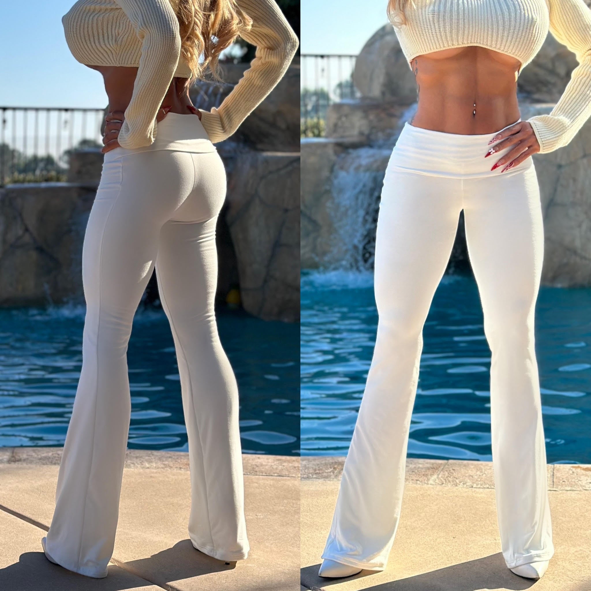 Connie's MADE in USA, WHITE Boot Flare Leggings with a Fold Over Waist –  Connie's Fashion Vault