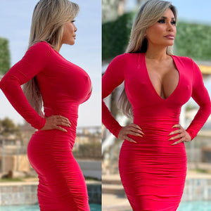 Connie's EXCLUSIVE "PURE RED VIXEN Pencil Midi" DEEP Plunge Chest, Ruched Lower, With a SUPER Stretch Tight Fit